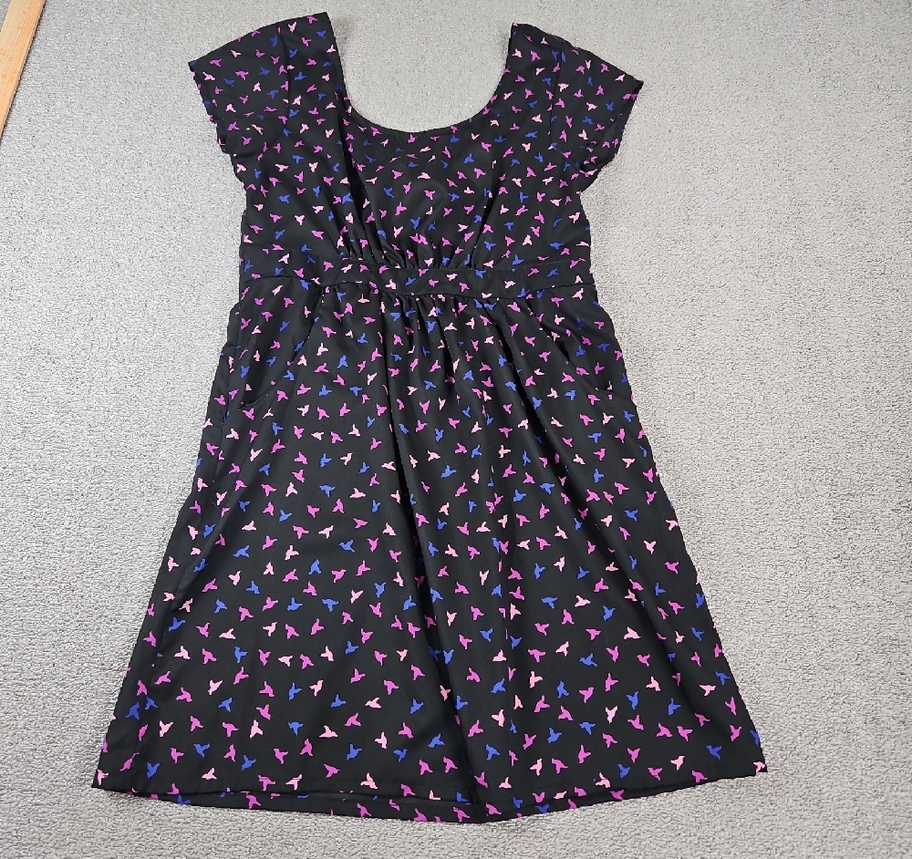 ANGIE Midi Black Dress With Bird Pattern Size Large with Pockets. festive casual